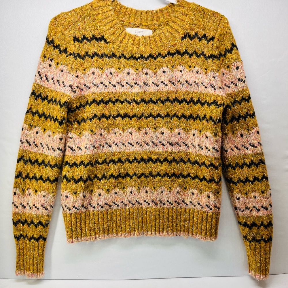 LOFT Women's Mustard and Pink‎ Patterned Sweater